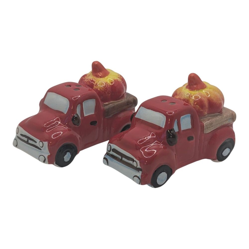 Fall Farmhouse Red Truck Pumpkin Salt & Pepper Shaker Set Ceramic Autumn Decor